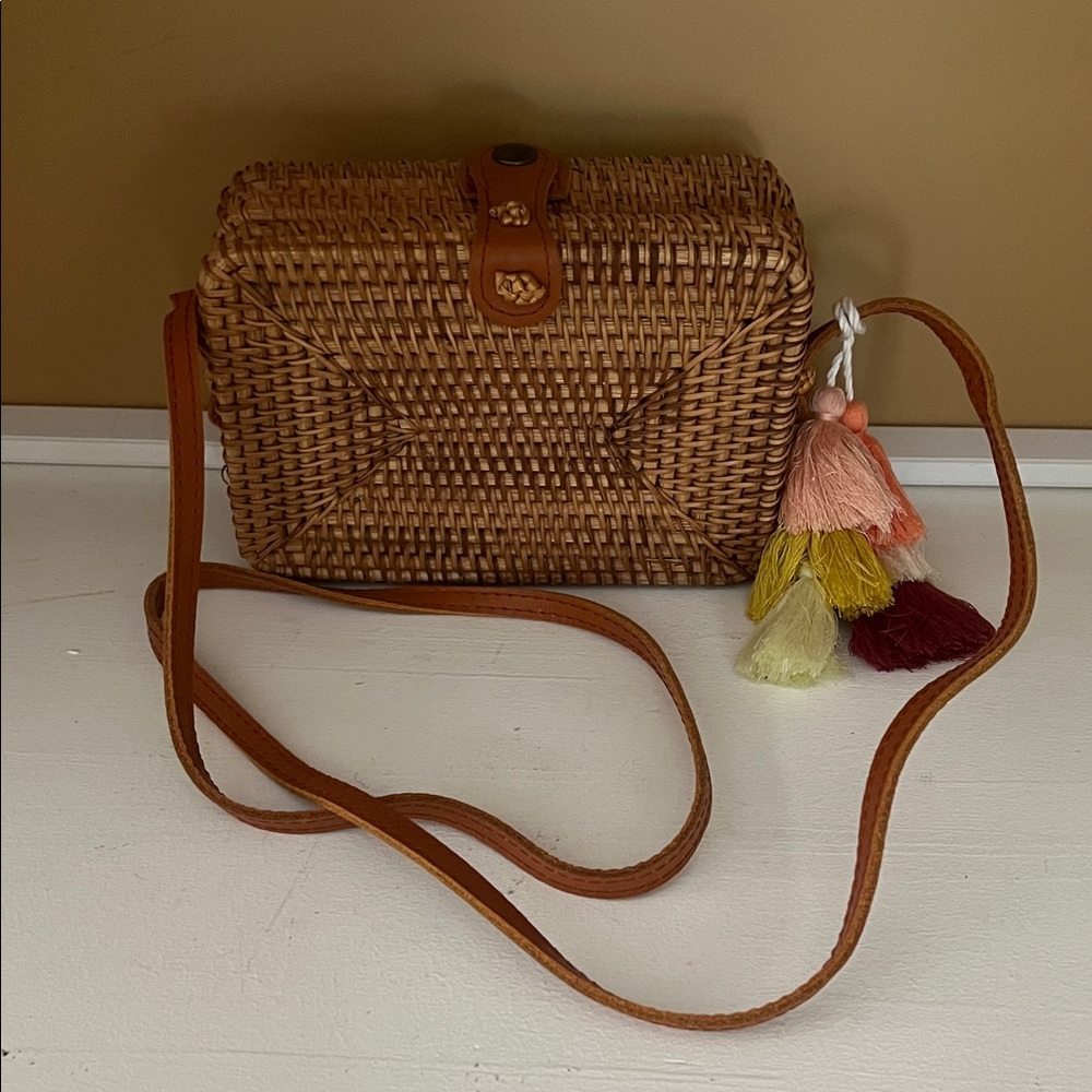 Brown Woven Crossbody Bag with Tassels